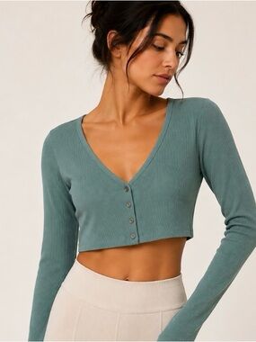 NWT Alo Yoga Ribbed Cropped Whisper Cardigan Soft Seagrass XS Modal Stretch